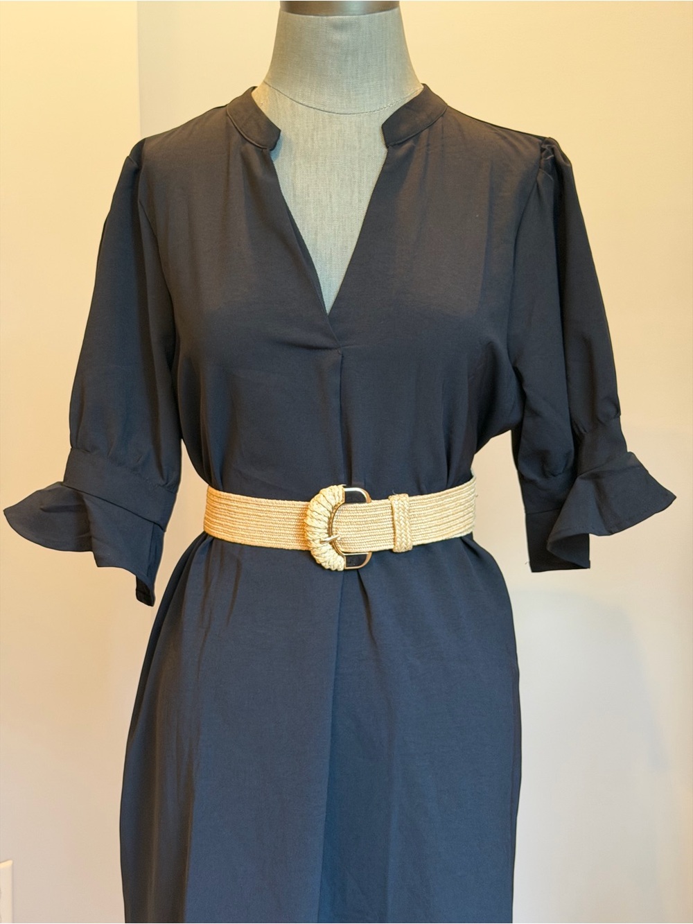 Classic Black V-Neck Shift Dress Short Sleeve Ruffle Hem Tunic Size XL
